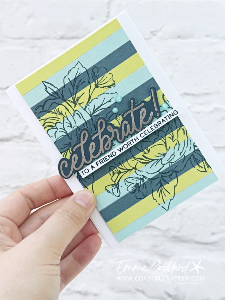 Handmade card featuring navy floral line art stamped across Pool Party, Lemon Lime Twist and Secret Sea card stock, made using the Sweetly Sentimental focus product. A die cut 'celebrate!' sentiment in silver foil sits above a strip reading 'to a friend worth celebrating', with Pool Party enamel dot accents, on a white card base.