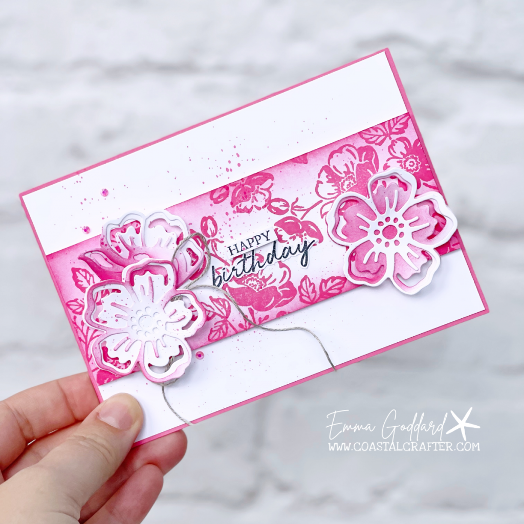 Bright pink flowery card using Shaded Summer Stamp set and coordinating dies.