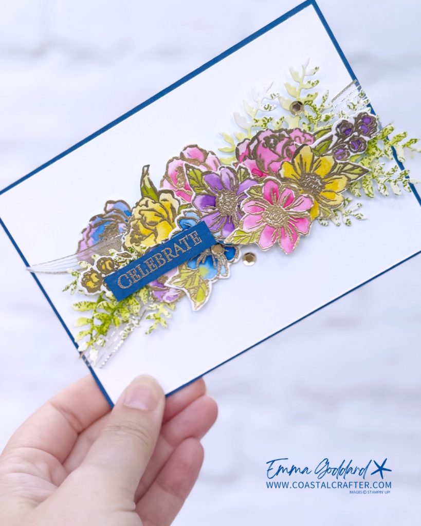 Handmade floral celebration card featuring gold heat-embossed stamped flowers from the Beautiful Gallery Suite, watercolored in bright inks and layered with gold mesh ribbon and die-cut foliage.
