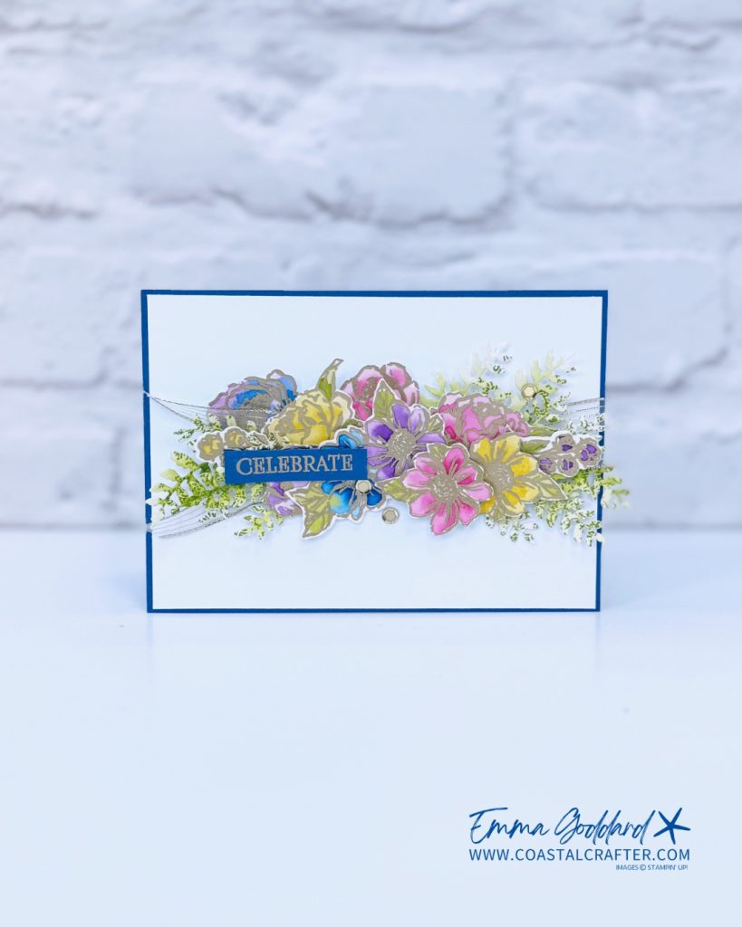 A bright and bold landscape floral card. Using a mix of bright inks to colour the flowers. 