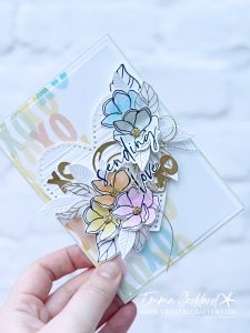 Pastel Valentine&rsquo;s card with die cut heart, stamped background and vellum layer